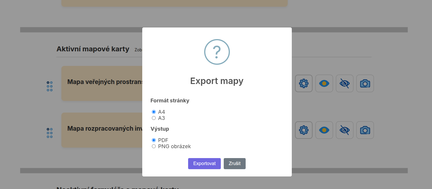 Dialog exportu mapy: volba formátu stránky A4 nebo A3 a výstupu PDF nebo PNG obrázek