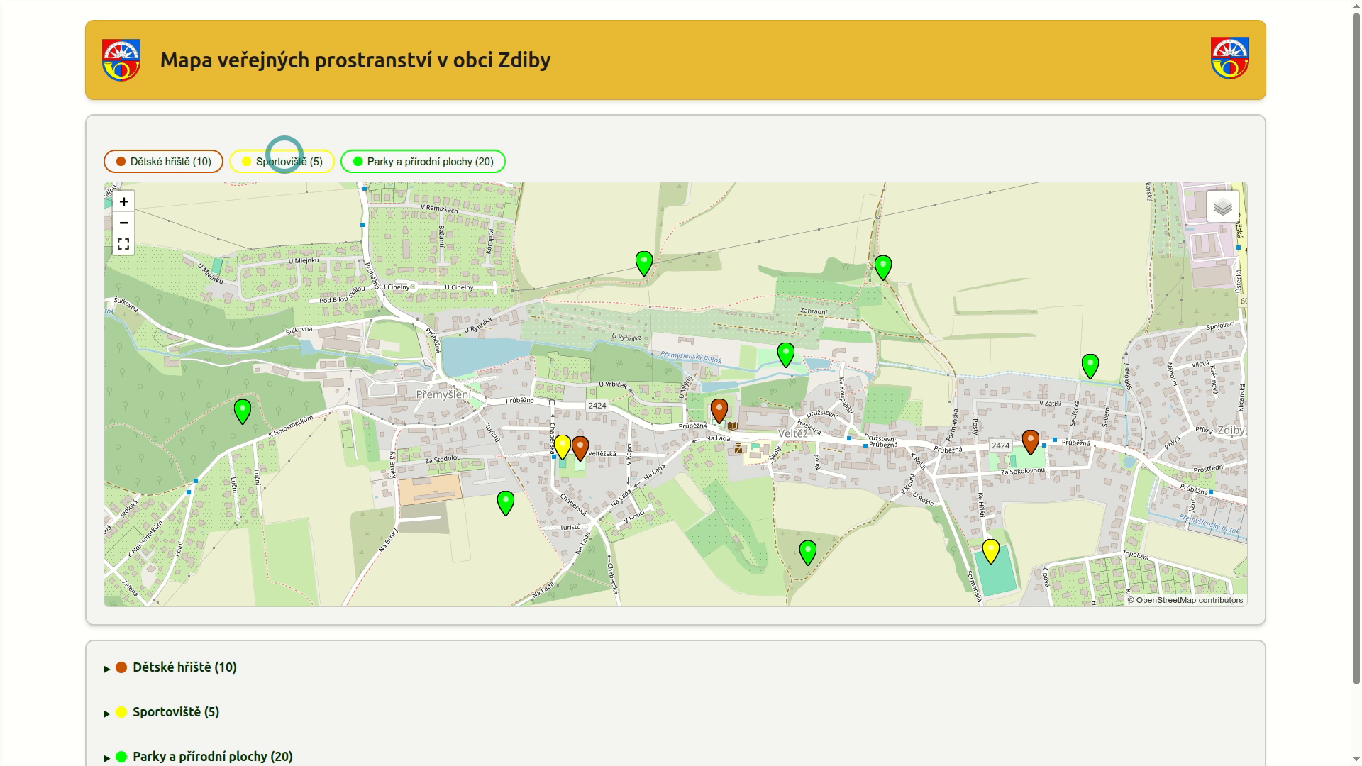 Prezentační mapová karta vložená na webu obce: přepínatelné vrstvy Dětské hřiště, Sportoviště a Parky, interaktivní mapa a seznam míst s tlačítky Ukázat na mapě